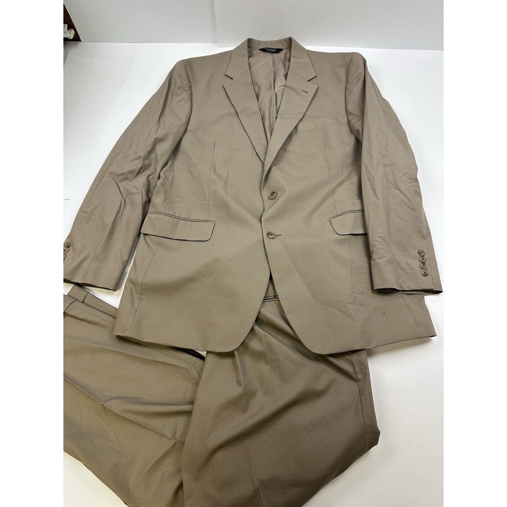 Jos A Bank Mens Tan Khaki 2 Piece Suit 46L Blazer 40x31 Pleated Pants Cotton